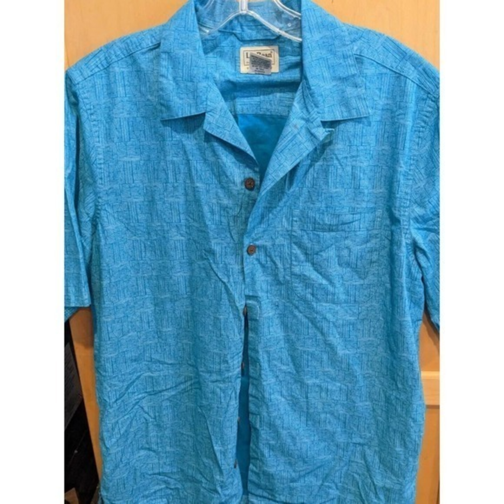 LL Bean‎ Men Button Down Shirt Small Short Sleeve Dress aqua blue geometric